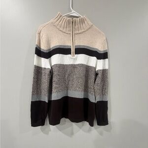 Karen Scott Striped 1/4 Zip Mock Neck Cotton Pullover Sweater Beige Gray L unise